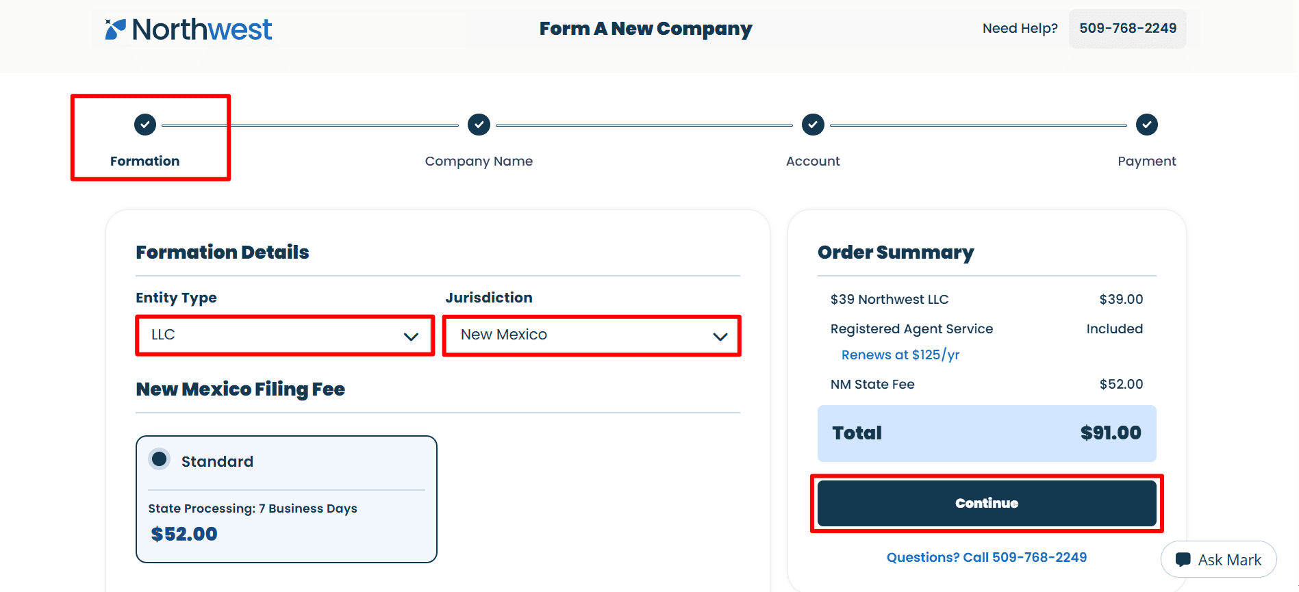 The alt text shows the page for the northwest region with the LLC and New Mexico selected, along with a standard filing option of $52 and an example order total of $91.