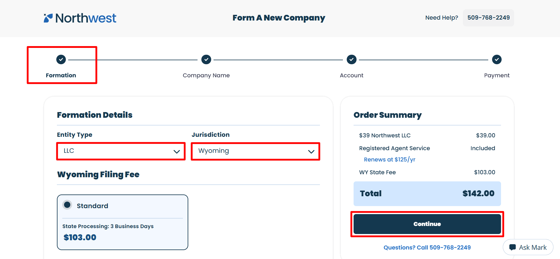 The alt text states that the page in question shows the northwest formation with the LLC and Wyoming chosen, the standard filing selected, and an example order total of $142.