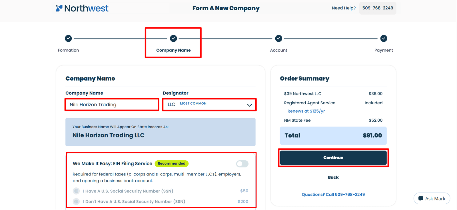 The alternative text describes a page associated with the Northwest company, indicating that Nile Horizon Trading LLC is offered, optional assistance is available with the filing of an EIN, and there is a Continue button.