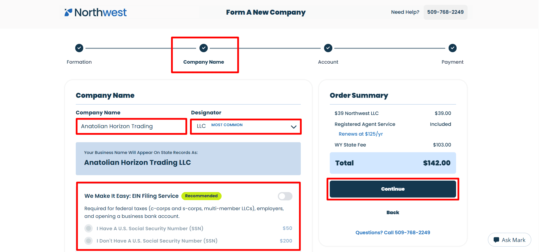 Page for the Northwest company showing that Anatolian Horizon Trading LLC and the optional service for filing an EIN is switched off.