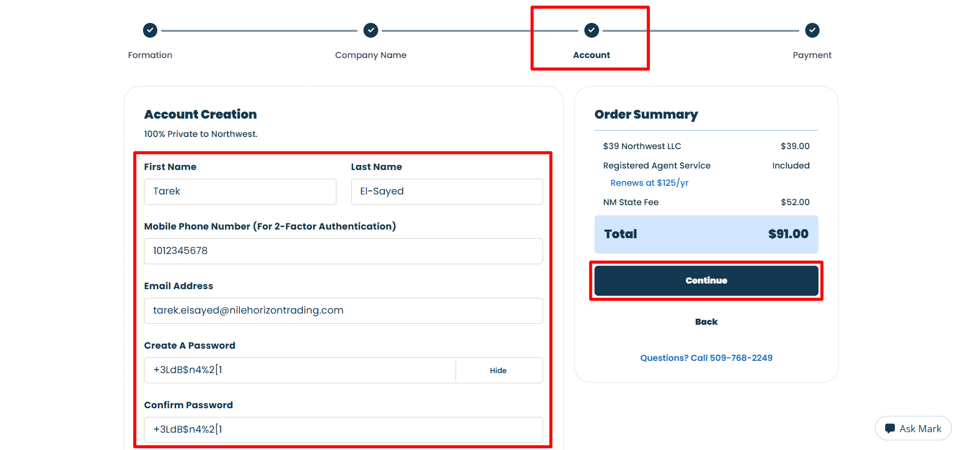 The alternative text reads: a form used for creating an account in the northwest area, with fields for the name, mobile authentication, email, and password, alongside a Continue button.