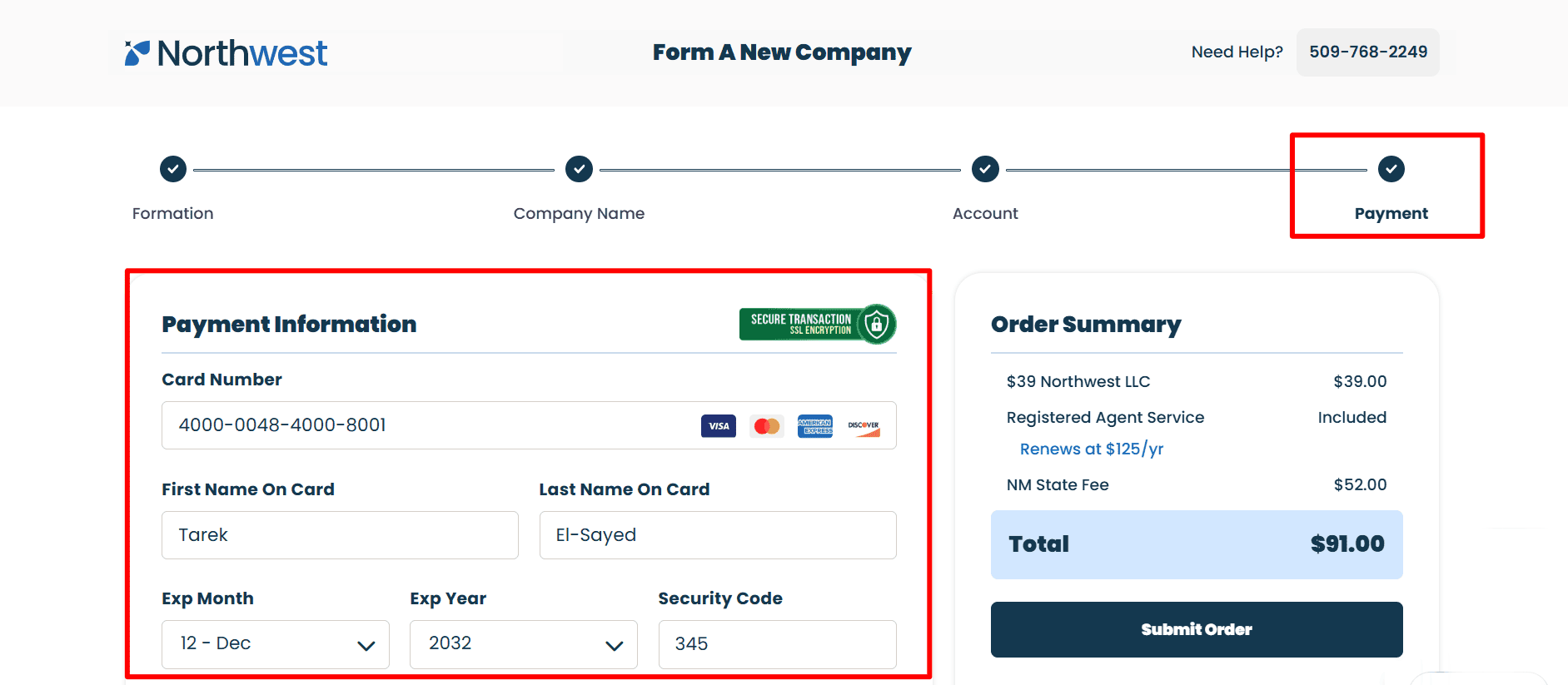 The alternative text describes a payment form in the northwest section which has fields for the card number, the name of the cardholder, the expiration date and the security code next to an order summary.