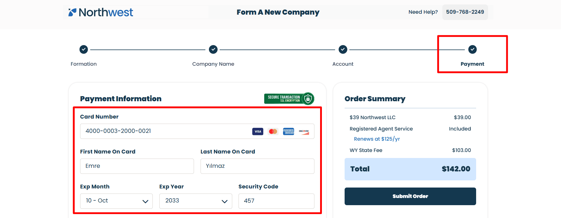 The alternative text describes a page in the northwest section with fields for the card number, the name of the cardholder, the expiration date and the security code.