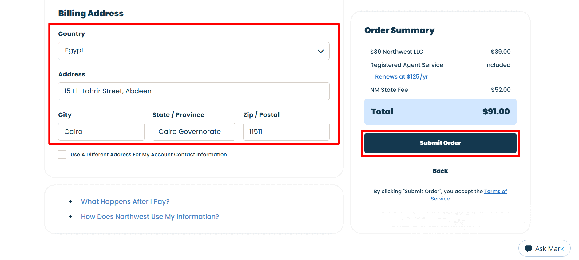  A form for entering the billing address in the northwest with Egypt chosen, the option for a separate contact address and the Submit Order button.