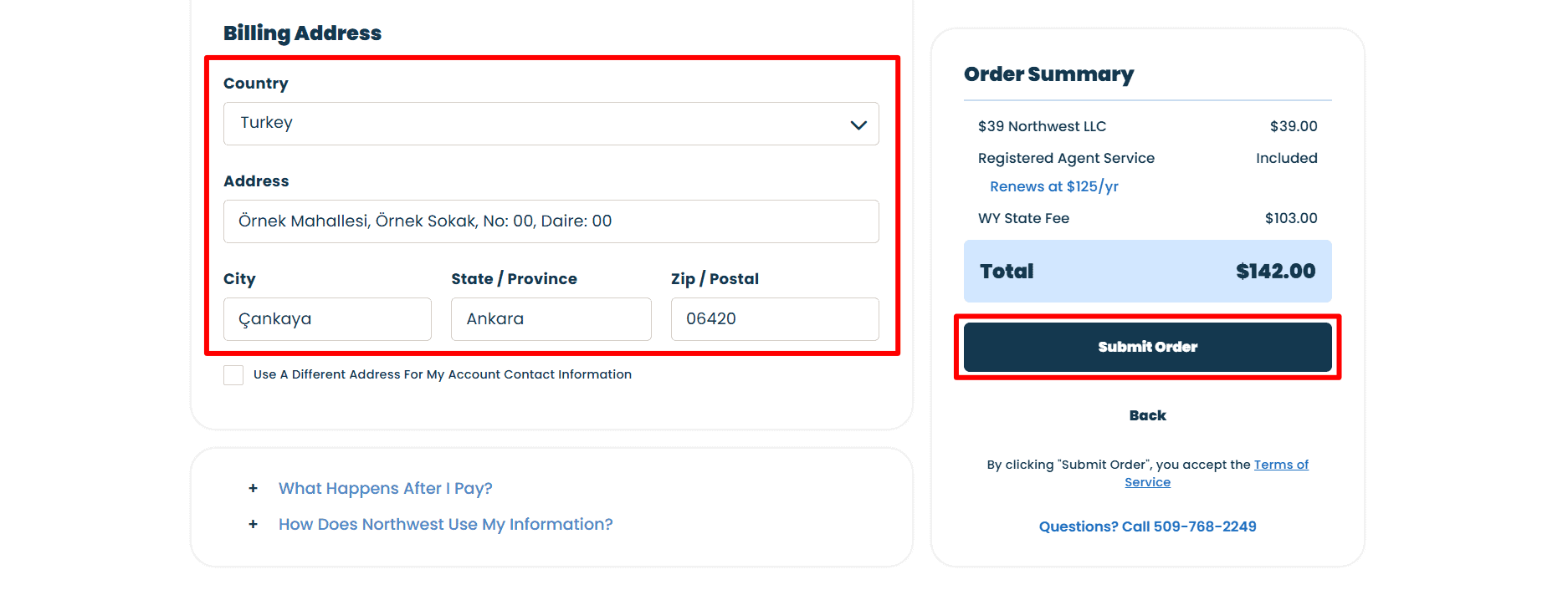 Northwest billing address section with Turkey selected, an optional separate contact address checkbox and Submit Order button.