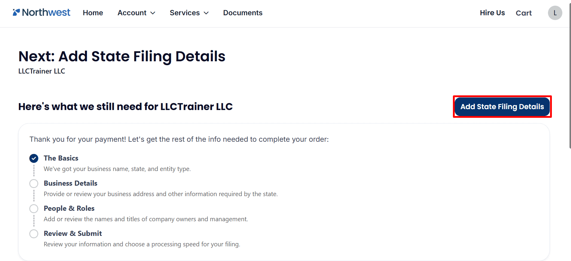 The page in the northwest section showing the option to Add State Filing Details together with a checklist of the other LLC filing tasks.