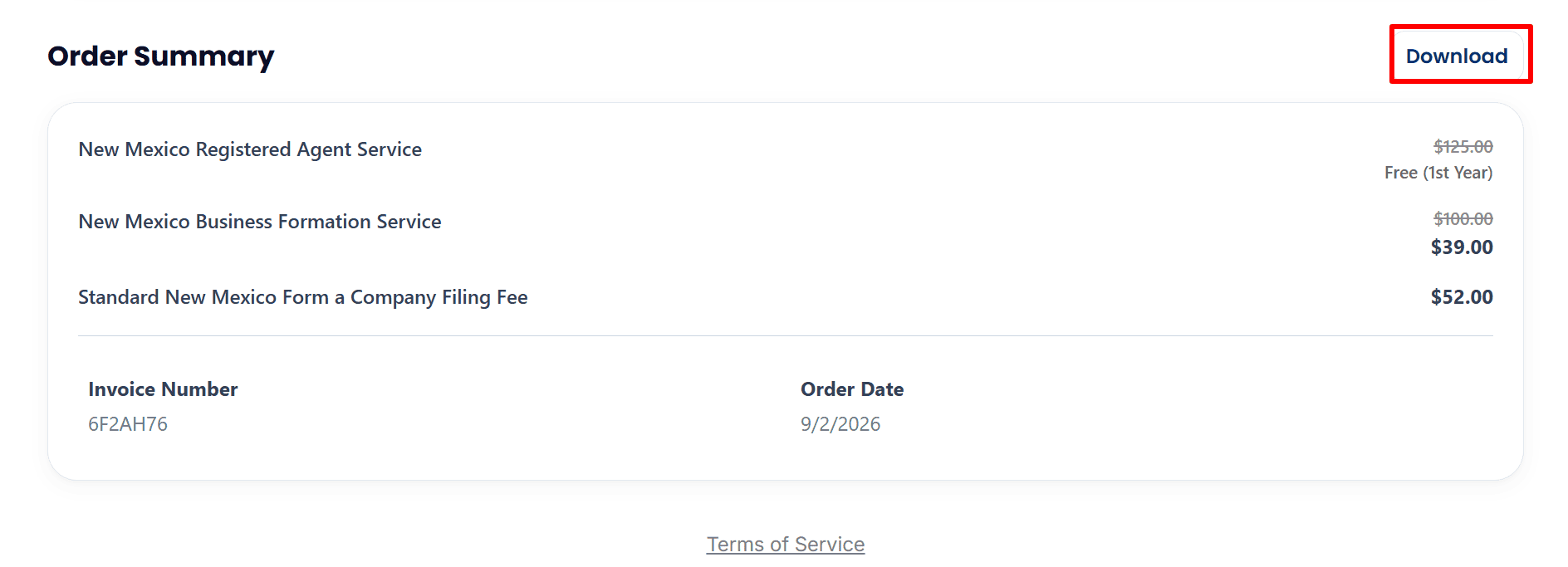The alt text describes a summary of an order from northwest New Mexico, including the formation charges, the invoice details, and a Download button.