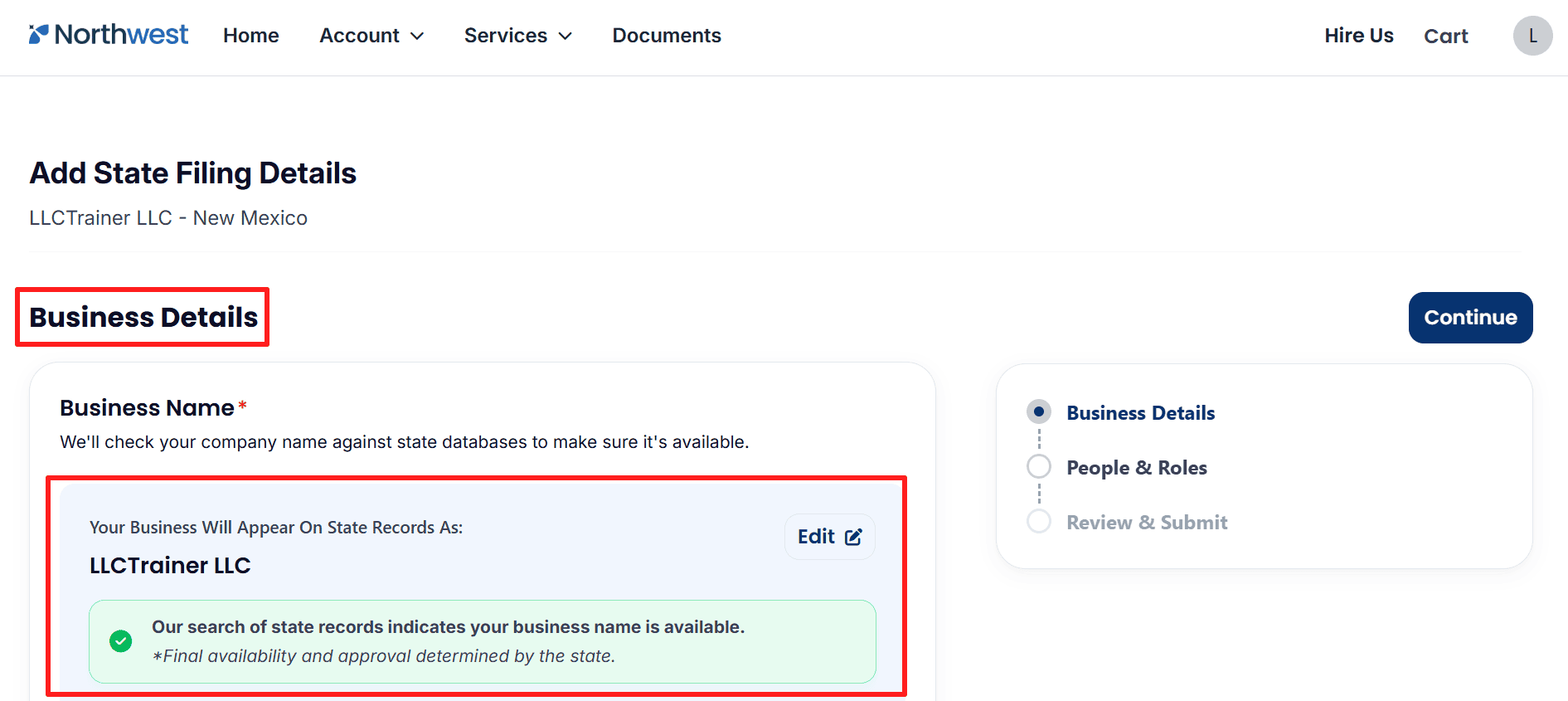 The alt text describes a page with details about Northwest Business and indicates a preliminary message regarding name availability for Llctrainer LLC.