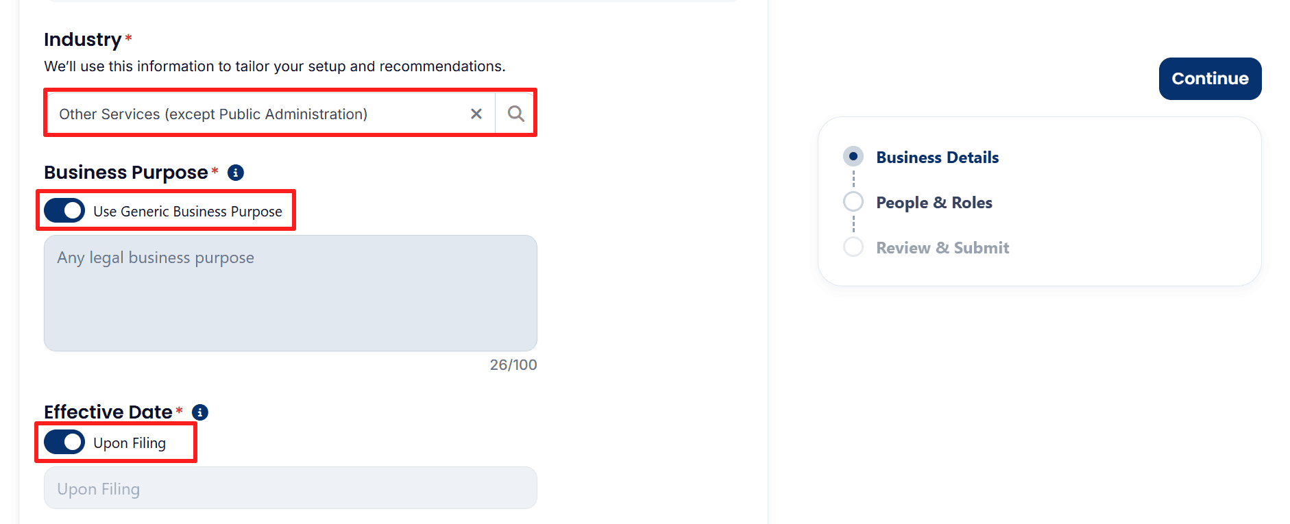 A form containing business details with a section for selecting the industry, a field for the general business purpose, and an 'Upon Filing' effective date.