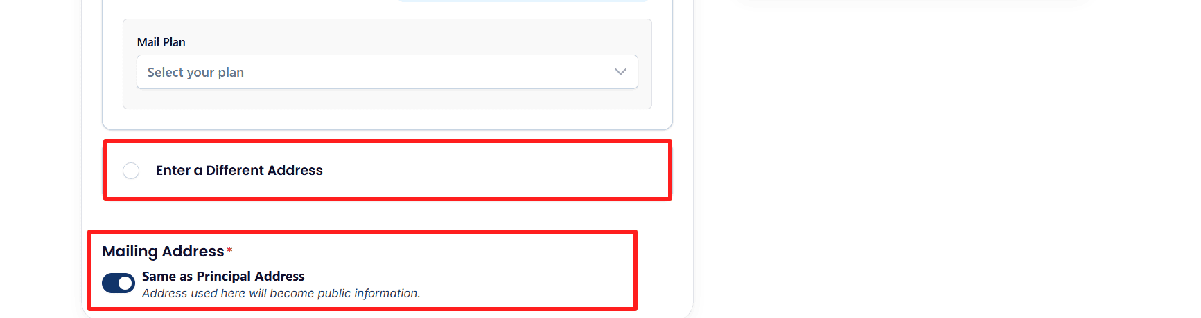 Alt Text: Mailing Address setup with "Same as Principal Address" toggled on in Northwest Registered Agent. Title: Northwest Registered Agent - Mailing Address OptionsCaption: Setting the Mailing Address to match the Principal Address on the Northwest sign-up form. Description: A screenshot showing the address configuration fields on Northwest Registered Agent. Red boxes highlight the "Enter a Different Address" radio option and the "Mailing Address" section where "Same as Principal Address" is toggled on. 