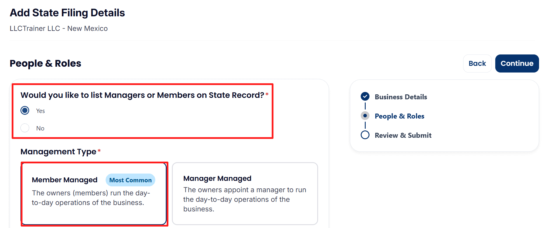 * The alt text describes a screenshot of the "Add State Filing Details" page for setting up an LLC in New Mexico, pointing out the options to list the Managers or the Members on the state record and the choice of Management Type with "Member Managed" being the one selected.