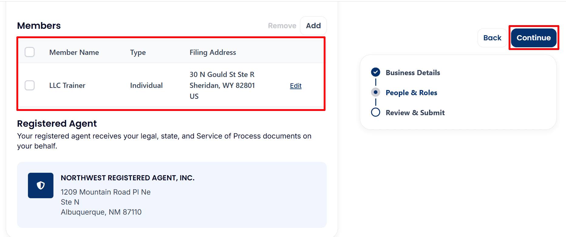  A screenshot of the "Members" and "Registered Agent" section of the procedure for forming an LLC in New Mexico, showing the details of the added members and the Continue button.
