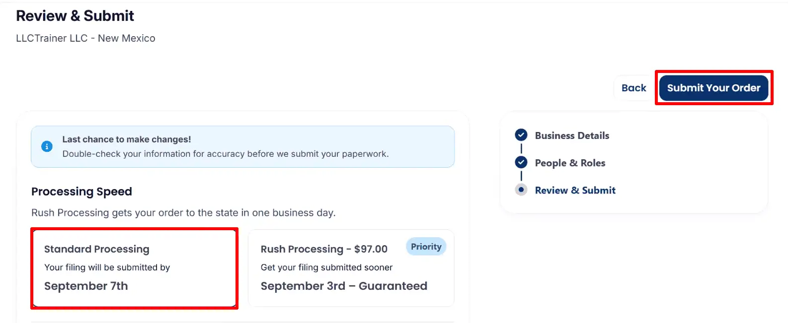 The Northwest Review submission page displays standard processing having been selected together with the optional $97 rush processing.