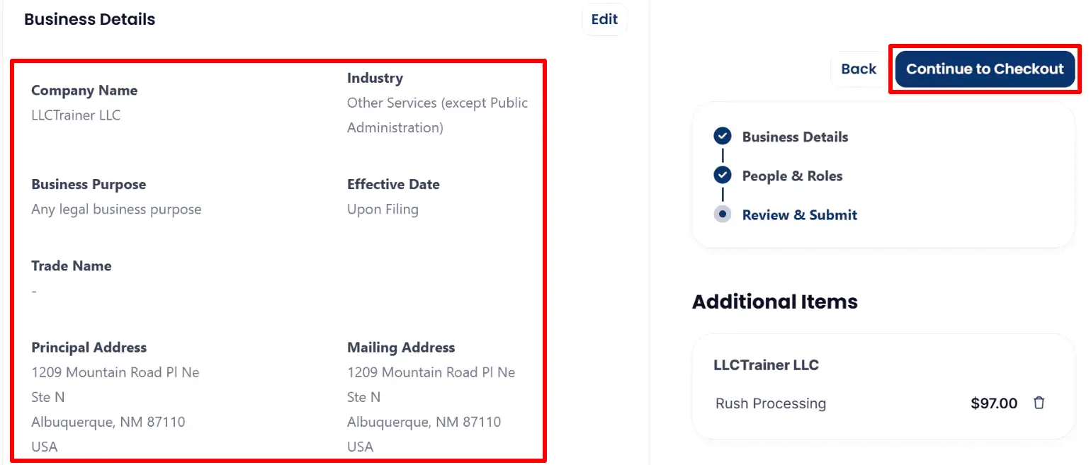 * The alt text shows a summary of the business details for LLCTrainer LLC and highlights the Continue to Checkout button.