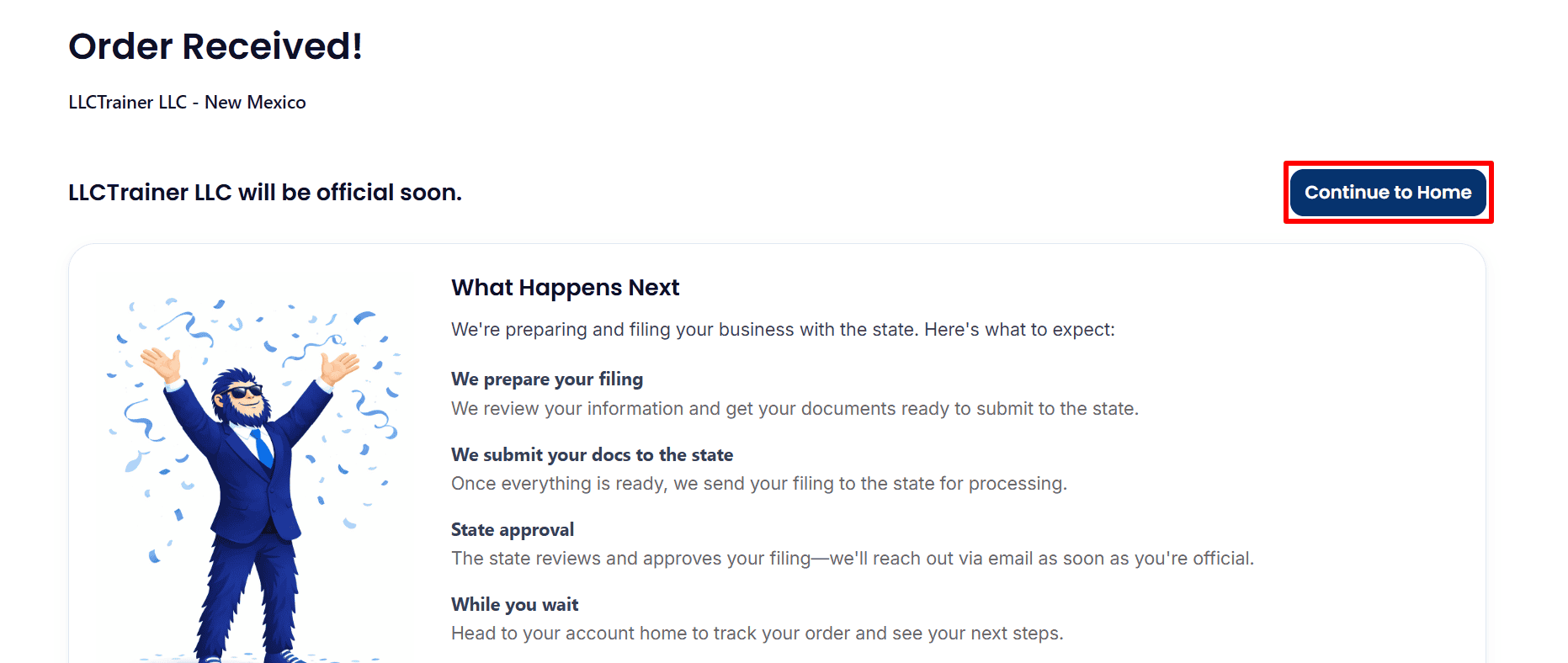 * The alt text describes an order confirmation page labelled "Order Received!" which includes a mascot celebrating and has the Continue to Home button highlighted.