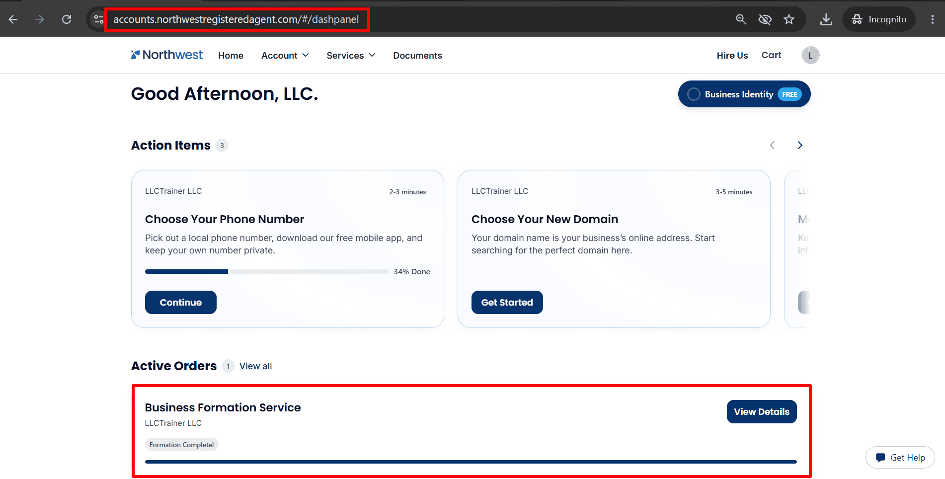 The alt text describes a northwest dashboard indicating that the formation is complete for LLCTrainer LLC, together with a View Details button and cards relating to the setup of a phone number and a domain name.