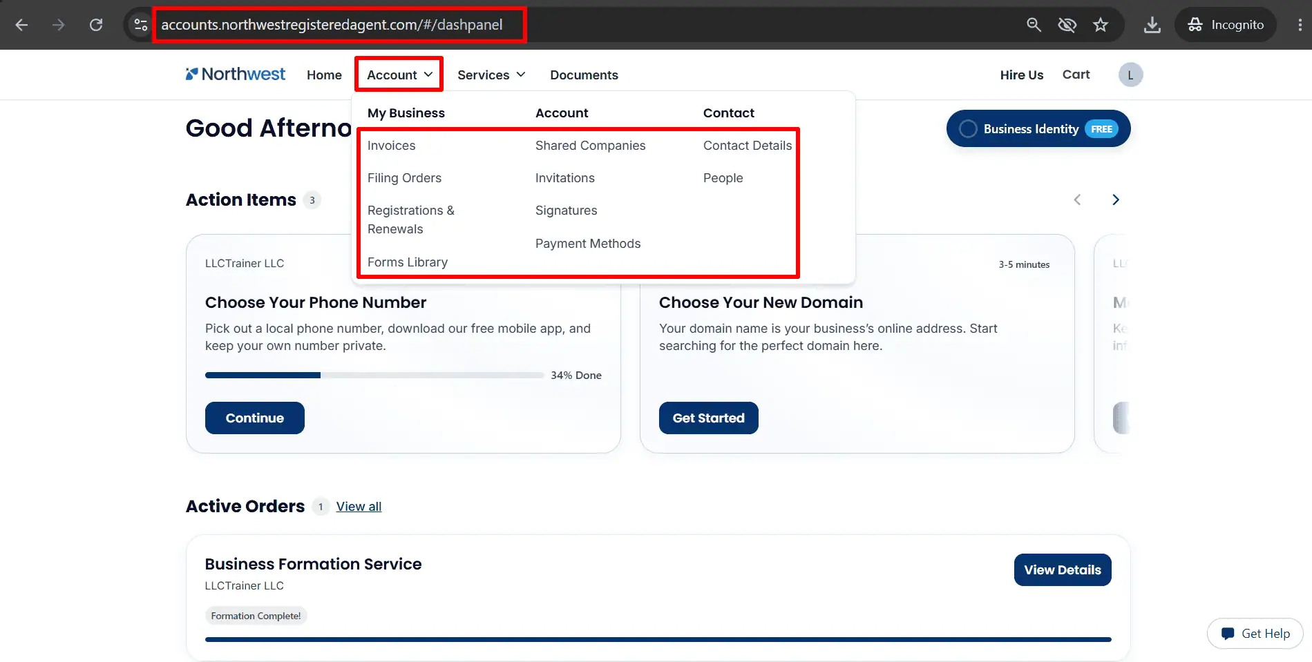 The account menu is open on the northwest side of the dashboard, displaying the invoices, filing orders, renewals and account settings.