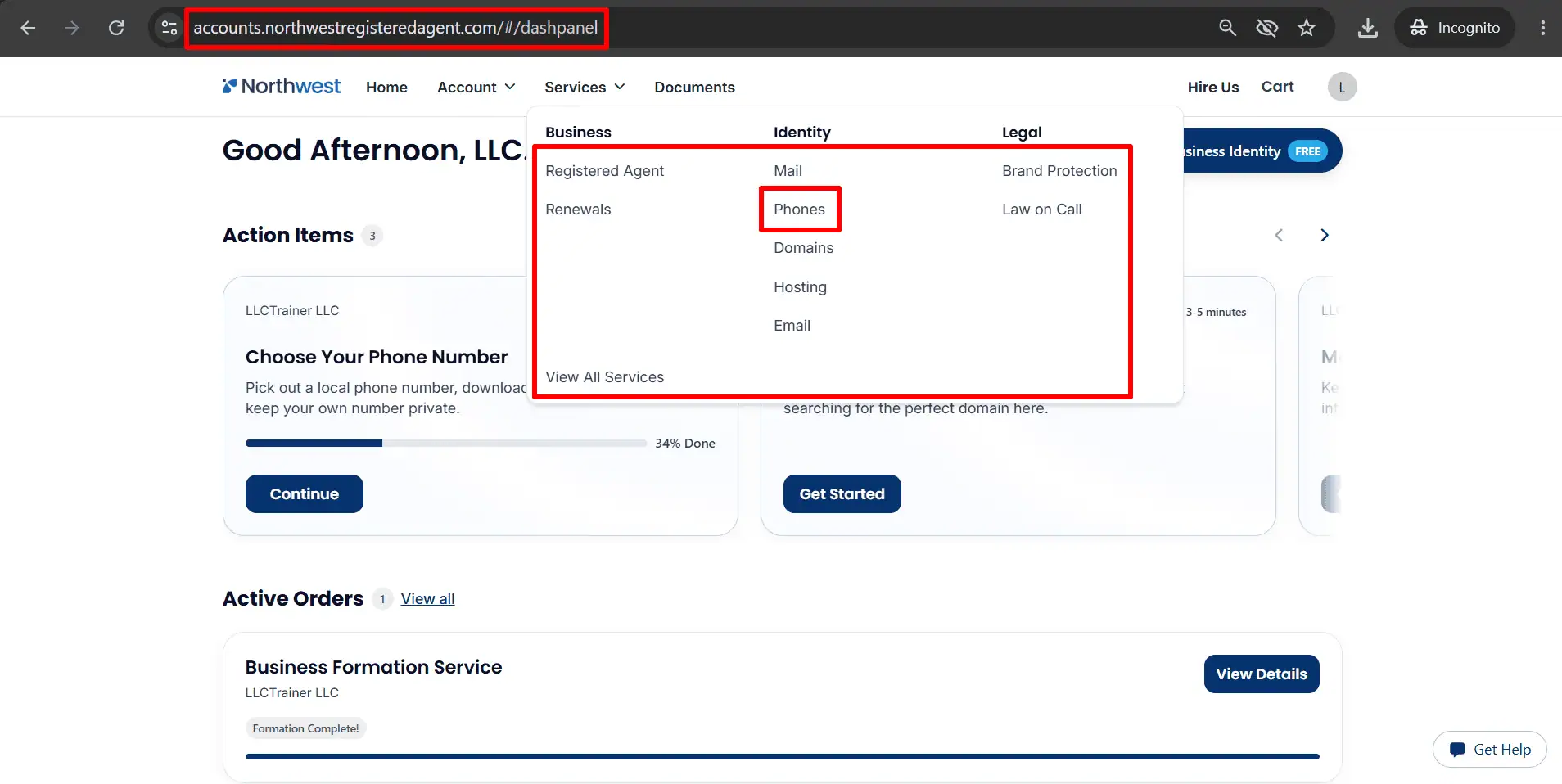 The alt text shows the Northwest Services menu with Phones selected beside the other options for mail, domains, hosting and email.