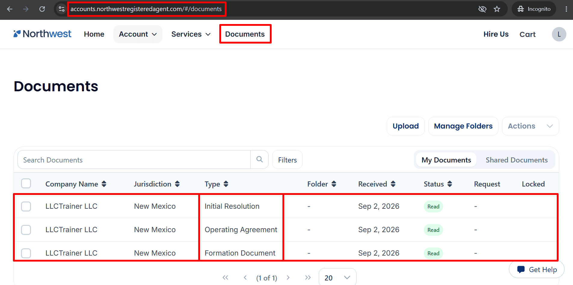 The alternative text states that a page of documents from the northwest section lists the Initial Resolution, the Operating Agreement and the Formation Document for LLCTrainer LLC in New Mexico, with all of them being marked as read.